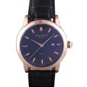 First-class Quality Patek Philippe Calatrava Roze Gold Polished Bezel Black Leather Bracelet 801432