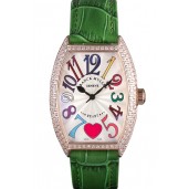 Franck Muller Heart Diamond Gold Bezel Green Leather Band 621593