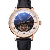 High Quality Imitation Patek Philippe Classic Tourbillon Power Reserve Black And White Dial Rose Gold Case Black Leather Strap
