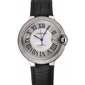 High Quality Replica Swiss Cartier Ballon Bleu 46 MM Diamond Dial Diamond Case Black Leather Bracelet 1453894