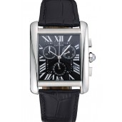 Hot Cartier Tank MC Black Dial Stainless Steel Case Black Leather Bracelet 622690