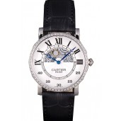 Imitation Cartier Moonphase Silver Watch with Black Leather Band ct255 621374