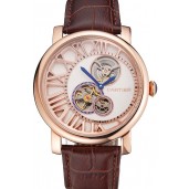 Imitation Cartier Rotonde De Cartier Flying Tourbillon White Dial Rose Gold Numerals Rose Gold Case Brown Leather Strap