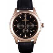 Imitation Jaeger Lecoultre Master Chronograph Gold Bezel Black Leather Band 621619
