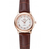 Imitation Omega De Ville Prestige Ladies White Dial Rose Gold Case Brown Leather Strap