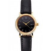 Imitation Patek Philippe Calatrava Black Dial Roman Numerals Double Ribbed Bezel Gold Case Black Leather Strap