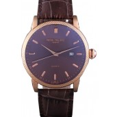 Imitation Patek Philippe Calatrava Roze Gold Ribbed Bezel Brown Leather Bracelet 801433