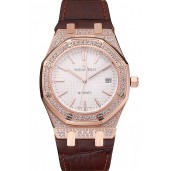 Imitation Swiss Audemars Piguet Royal Oak White Dial Gold Case With Diamonds Brown Leather Strap