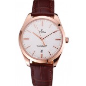 Imitation Swiss Omega DeVille Tresor White Dial Gold Case Brown Leather Strap 622846