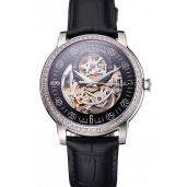 Imitation Swiss Patek Philippe Complications Openworked Dial Stainless Steel Case Diamond Bezel Black Leather Strap