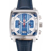 Imitation Tag Heuer Monaco 24 Calibre 36 Chronograph Blue And Grey Stripes Dial Blue Leather Strap 622273