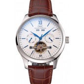 IWC Portofino Tourbillon White Dial Blue Markings Stainless Steel Case Brown Leather Strap