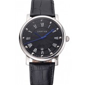 Knockoff Cartier Rotonde Date Black Dial Stainless Steel Case Black Leather Strap