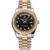 Knockoff Cheap Swiss Rolex Day-Date Black Dial Gold Diamond Case Two Tone Stainless Steel Bracelet 1453975