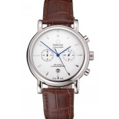 Knockoff Omega Seamaster Vintage Chronograph White Dial Stainless Steel Case Brown Leather Strap
