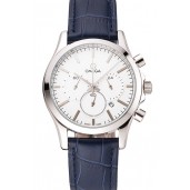 Omega Chronograph White Dial Stainless Steel Case Blue Leather Strap