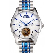 Omega De Ville Moonphase Tourbillon White Dial Stainless Steel Case Two Tone Steel Blue Bracelet