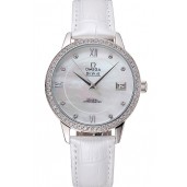 Omega DeVille Prestige Co-Axial Diamond Silver Case Mother-Of-Pearl Dial White Leather Strap