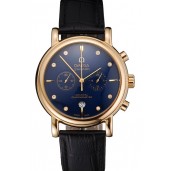 Omega Seamaster Vintage Chronograph Blue Dial Diamond Hour Marks Gold Case Black Leather Strap