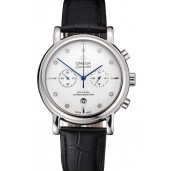 Omega Seamaster Vintage Chronograph White Dial Diamond Hour Marks Stainless Steel Case Black Leather Strap