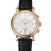 Omega Seamaster Vintage Chronograph White Dial Gold Case Black Leather Strap