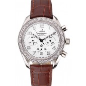 Omega Speedmaster White Dial Stainless Steel Case Diamond Bezel Brown Leather Strap