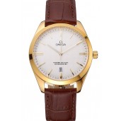 Omega Tresor Master Co-Axial White Dial Gold Case Brown Leather Strap