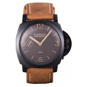 Panerai Luminor Black Ionized Stainless Steel Case Black Dial Brown Suede Leather Strap