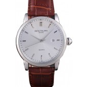 Patek Philippe Calatrava Stainless Steel Ribbed Bezel Brown Leather Bracelet 801429