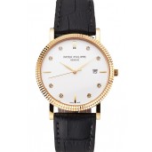 Patek Philippe Calatrava White Dial Diamond Hour Marks Ribbed Bezel Gold Case Black Leather Strap
