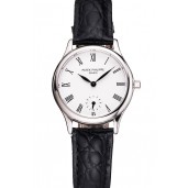 Patek Philippe Calatrava White Dial Roman Numerals Stainless Steel Case Black Leather Strap