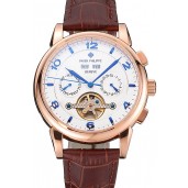 Patek Philippe Perpetual Calendar Tourbillon White Dial Rose Gold Case Brown Leather Strap