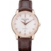 Patek Philippe Swiss Calatrava Ribbed Bezel Grey Dial Brown Leather Strap 7650
