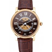 Quality Swiss Cartier Rotonde Small Complication Brown Dial Gold Diamond Case Brown Leather Strap