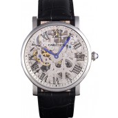 Replica Cartier Luxury Skeleton Watch with Silver Bezel and Black Leather Band 621559