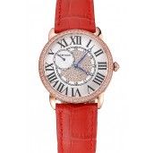 Replica Cartier Ronde Louis Gold Diamond Case White Dial Red Leather Bracelet 1454005