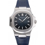 Replica Cheap Patek Philippe Nautilus Blue Dial Brushed Stainless Steel Case Blue Leather Strap