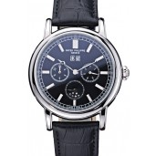 Replica Designer Patek Philippe Geneve Grand Complications Black Dial Stainless Steel Bezel Black Leather Band 622153