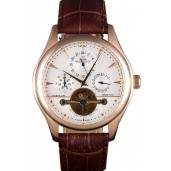 Replica Luxury Jaeger Lecoultre Tourbillon Perpetuel Gold Bezel Brown Leather Band 621618