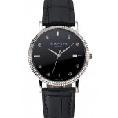 Replica Patek Philippe Calatrava Black Dial Diamond Hour Marks Ribbed Bezel Stainless Steel Case Black Leather Strap