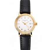 Replica Patek Philippe Calatrava White Dial Diamond Hour Marks Double Ribbed Bezel Gold Case Black Leather Strap