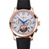 Replica Patek Philippe Chronograph White Guilloche Dial Rose Gold Case Black Leather Strap