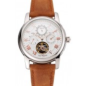 Replica Patek Philippe Grand Complications Day Date Tourbillon White Dial Rose Gold Numerals Stainless Steel Case Brown Suede Leather Strap 1453818