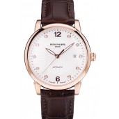 Replica Patek Philippe Swiss Calatrava Polished Bezel White Dial Brown Leather Strap 7646