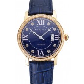 Replica Swiss Cartier Ronde Solo Blue Dial Gold Diamond Case Blue Leather Strap