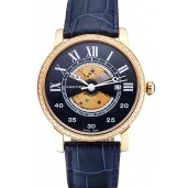 Replica Swiss Cartier Rotonde Small Complication Blue Dial Gold Diamond Case Blue Leather Strap