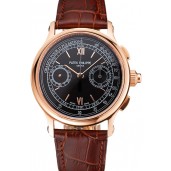 Replica Swiss Patek Philippe 5170J Chronograph Black Dial Rose Gold Case Brown Leather Strap