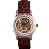 Replica Vacheron Constantin White Skeleton Watch with Rose Gold Bezel and Brown Leather Strap 621539 Watch