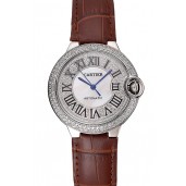 Swiss Cartier Ballon Bleu 46 MM Diamond Dial Diamond Case Brown Leather Bracelet 1453895