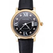 Swiss Cartier Ronde Solo Black Dial Gold Diamond Case Black Leather Strap